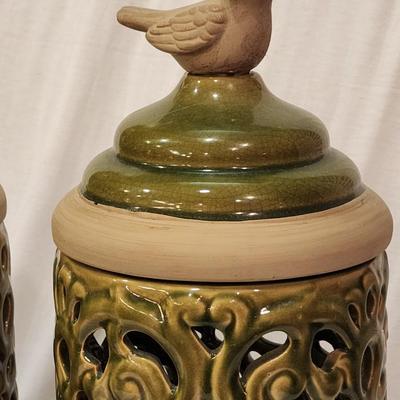 Pair of Large Decorative Bird Lantern Jars w/ Battery Op Candles