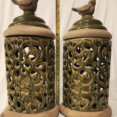 Pair of Large Decorative Bird Lantern Jars w/ Battery Op Candles