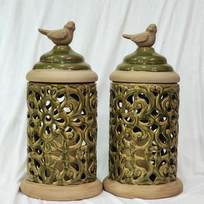 Pair of Large Decorative Bird Lantern Jars w/ Battery Op Candles