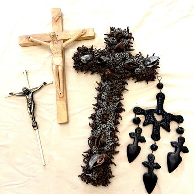 Lot 145 Group of Crosses Wood Metal Pinecones Black Clay Folk Art