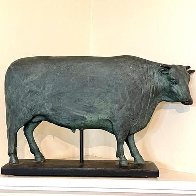 Lot 146 Decorative Metal Cow Figure on Wood Base Faux Copper Finish 9" x 20"