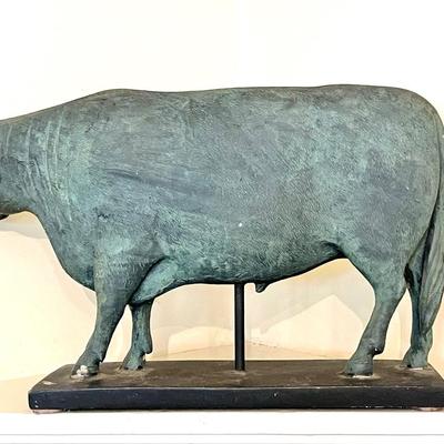 Lot 146 Decorative Metal Cow Figure on Wood Base Faux Copper Finish 9" x 20"