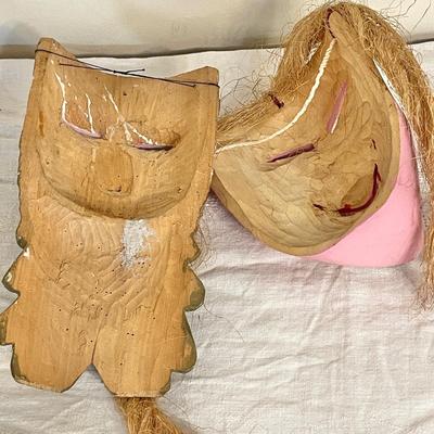 Lot 148 Carved & Painted 2 Wood Masks Gold Beard Rope Hair