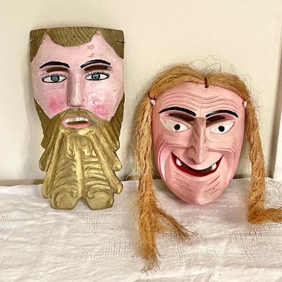 Lot 148 Carved & Painted 2 Wood Masks Gold Beard Rope Hair