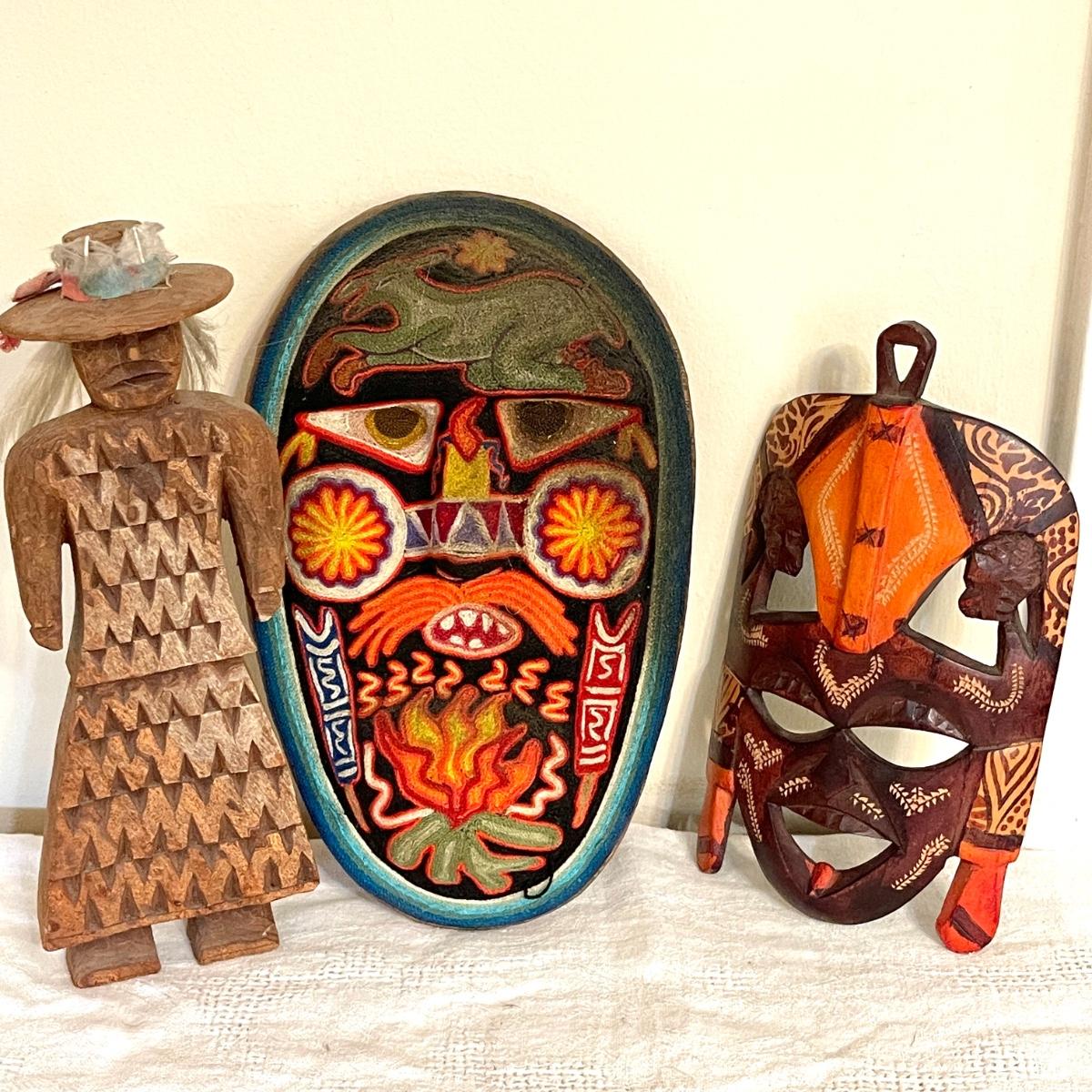 Lot 149 Carved and Painted Tribal Masks + Carved Wood Figure ...