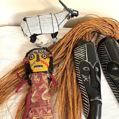Lot 150 Group Ethnic Souvenirs 2 Carved Masks Fly Swatter Tomb Doll Beaded Gazelle