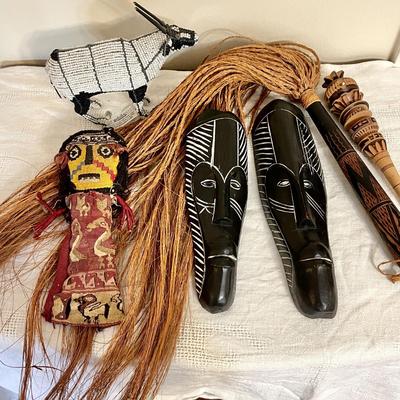 Lot 150 Group Ethnic Souvenirs 2 Carved Masks Fly Swatter Tomb Doll Beaded Gazelle