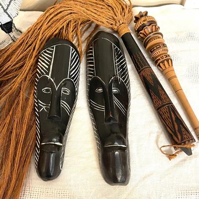 Lot 150 Group Ethnic Souvenirs 2 Carved Masks Fly Swatter Tomb Doll Beaded Gazelle