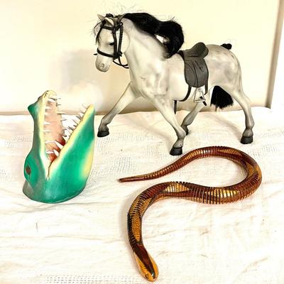 Lot 151 Wood Carved Articulated Snake + Carved Wood Alligator Head + Toy Horse