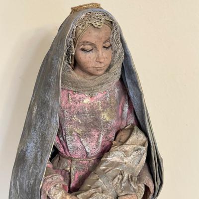 Lot 155 Fabric Mache Madonna and Child + Woven Basket with Ceramic Bottom
