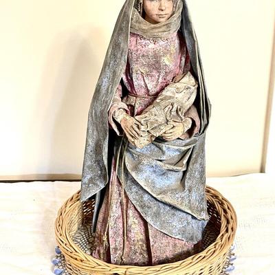 Lot 155 Fabric Mache Madonna and Child + Woven Basket with Ceramic Bottom