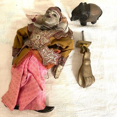 Lot 157 Asian Style Puppet + Hand Door Knocker + Wood Elephant with Metal Trim