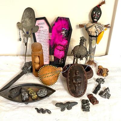 Lot 158 Voodoo Group Dolls Clay Fetish Charms Covered Box Gourd Souvenirs
