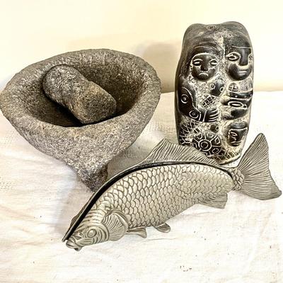 Lot 159 Carved Figure 2 Sides + Vintage Molcajete + Metal Fish
