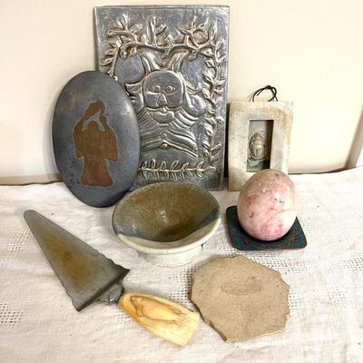 Lot 161 Mixed Group Hammered Metal Plaque Fossil Buddha Marble Egg + More