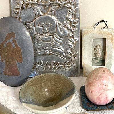 Lot 161 Mixed Group Hammered Metal Plaque Fossil Buddha Marble Egg + More