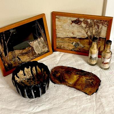 Lot 163 Austrian Bark Pictures Sand Art Horse Plaque Pottery Bowl