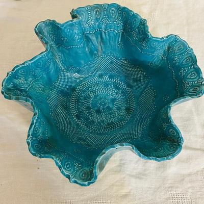Lot 166 Blue Centerpiece Bowl Ruffled Edge and Impressed Pattern