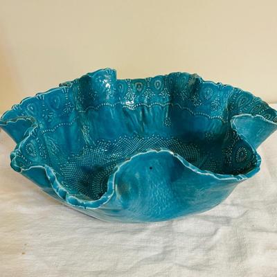 Lot 166 Blue Centerpiece Bowl Ruffled Edge and Impressed Pattern