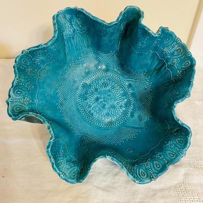 Lot 166 Blue Centerpiece Bowl Ruffled Edge and Impressed Pattern