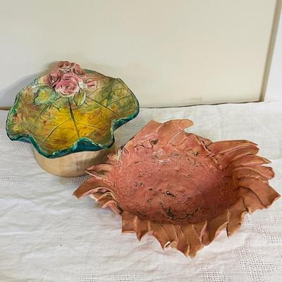 Lot 167 Handmade Pottery Bowls Interwoven Strips & Floral