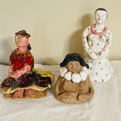 Lot 173 Hand Made 3 Sculptures of Women Clay Painted & Glazed