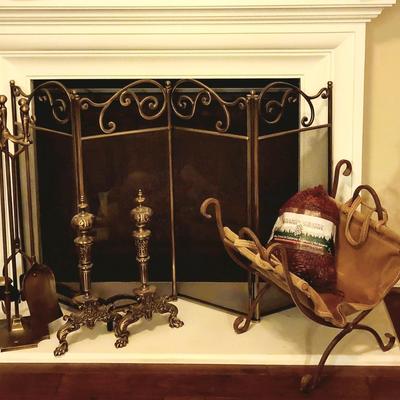 Cozy Fireplace Lot: Screen, Tools, Andersons, Firewood Stand