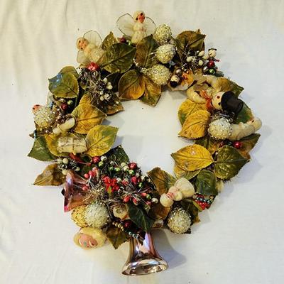 Vintage 1950s - 1960s Christmas Wreath - Angels, Bells, Mercury Glass Ornament Trim