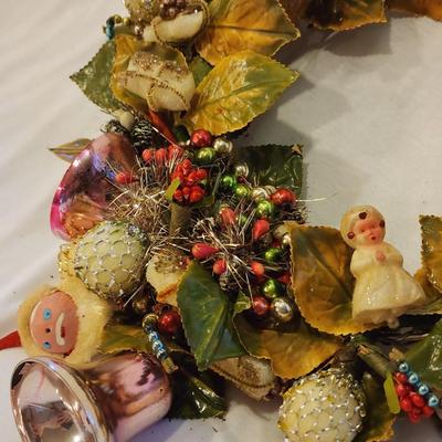 Vintage 1950s - 1960s Christmas Wreath - Angels, Bells, Mercury Glass Ornament Trim