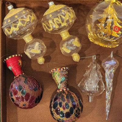 Lot of 7 Vintage Glass Christmas Ornaments - Some German. 1 Resl Lenz, Stained Glass