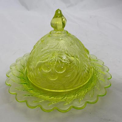 -3- Yellow Vaseline Covered Butter Dish | Cherries Pattern | Uranium Glass