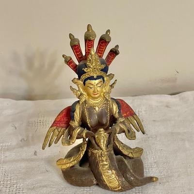Lot 190 Hindu Snake Goddess Metal Statue 7" Cold Painted