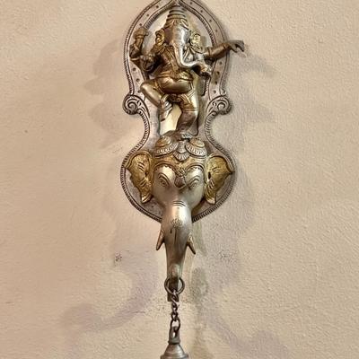 Lot 192 Lord Ganesha Wall Hanging Metal Elephant Gold Accents Brass Bell