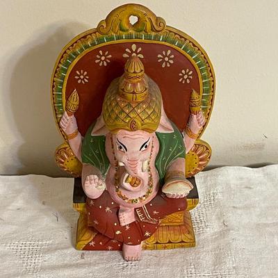 Lot 193 Hand  Carved & Painted Wood Statue of Lord Ganesha Seated on Throne 9"