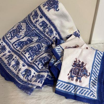 Lot 194  Banquet Size Indian Table Cloth w/ 10 Napkins  Elephant Border Few Light Stains