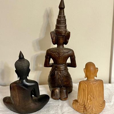 Lot 195 Wooden Carved Deities 3 Buddha Tallest 17"