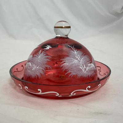 -7- Hand Painted Cranberry Colored | Mary Gregory Covered Butter Dish