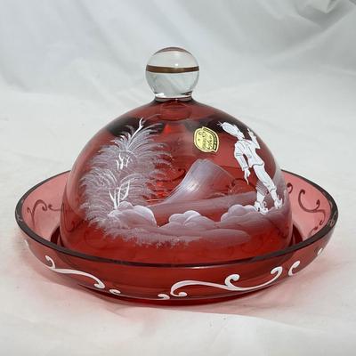 -7- Hand Painted Cranberry Colored | Mary Gregory Covered Butter Dish