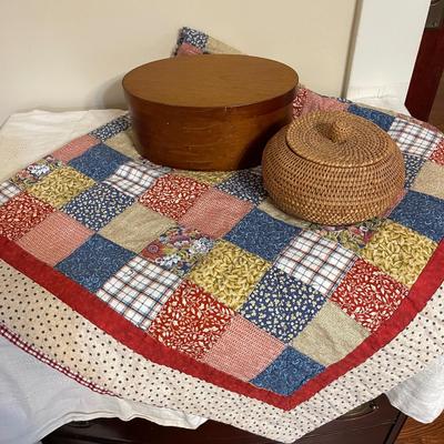 Lot 197 Early American Items Repro Shaker Box Coiled Covered Basket 48" Sq Lap Quilt