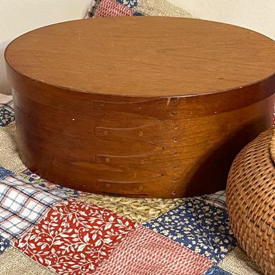 Lot 197 Early American Items Repro Shaker Box Coiled Covered Basket 48" Sq Lap Quilt