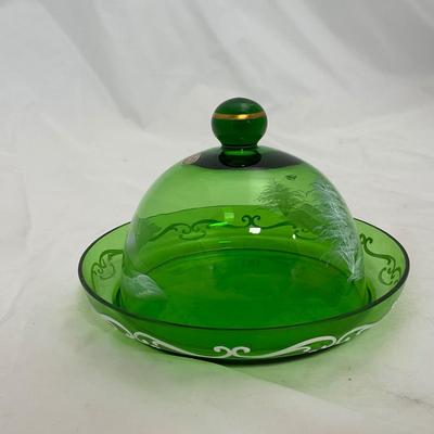 -8- Hand Painted Green | Mary Gregory Covered Butter Dish