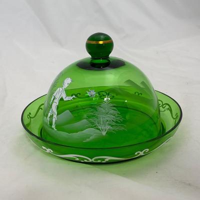 -8- Hand Painted Green | Mary Gregory Covered Butter Dish