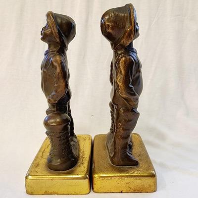Brass Nautical Bookends - Boy in waders standing near mooring rope