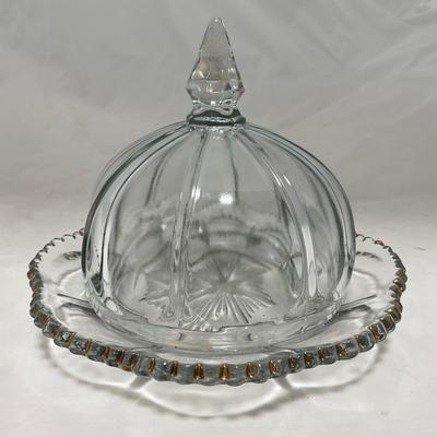 -14- Clear Pressed Covered Butter Dish | Gold Accents