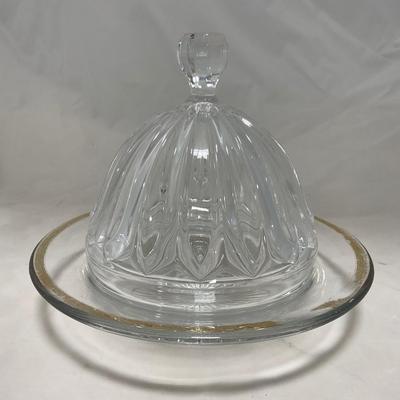 -16- Clear Glass Covered Butter Dish | Gold Accents