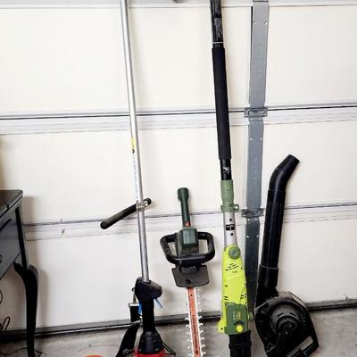 Lot of 4 garden power tools: chainsaw, blower, hedge trimmer, weed whacker