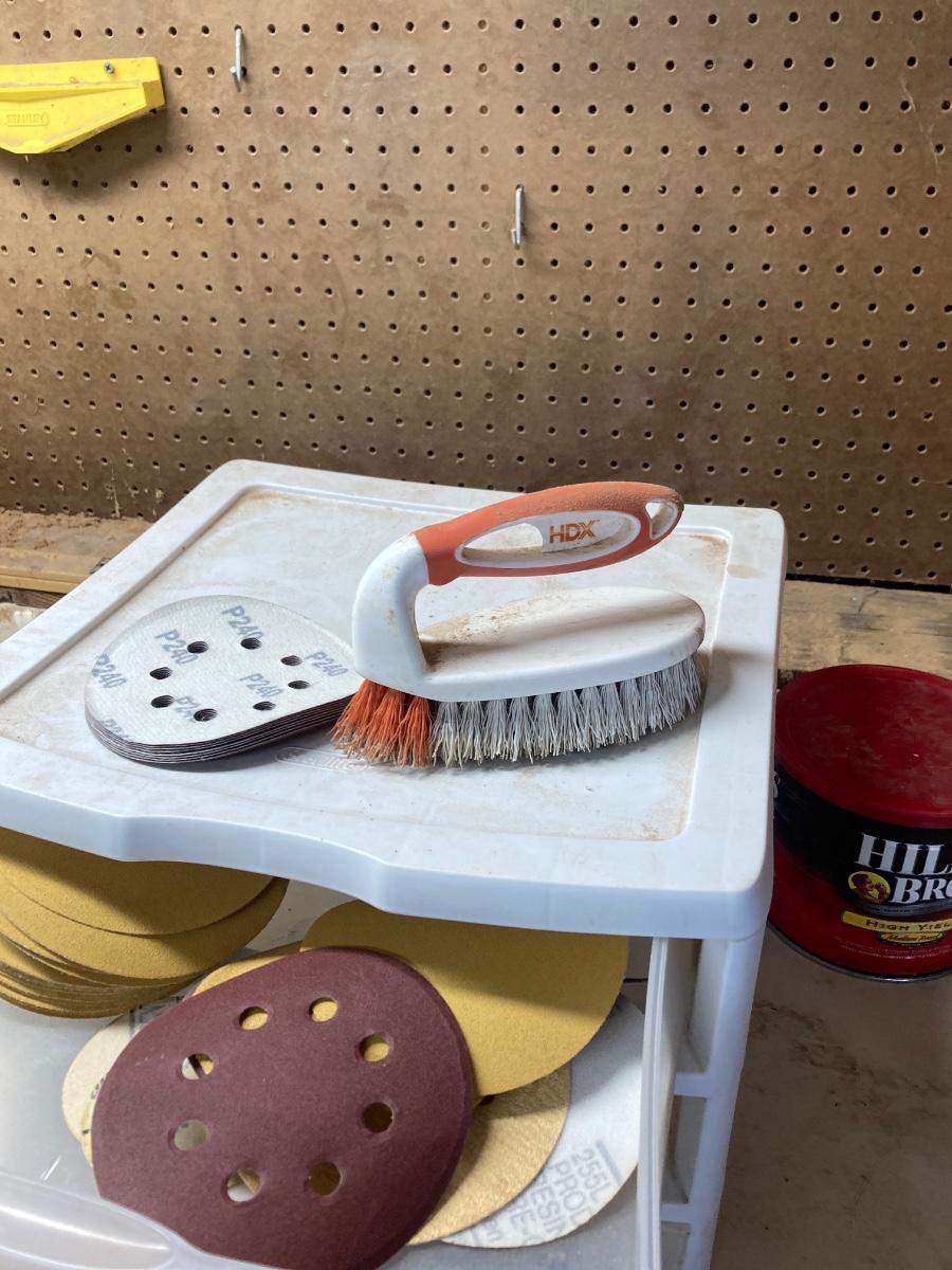SANDPAPER, STORAGE CONTAINER, AND SCRUB BRUSH