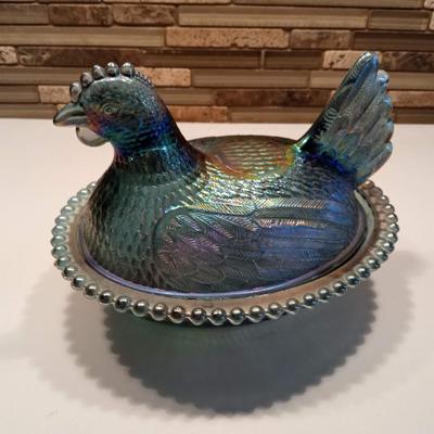 BLUE CARNIVAL GLASS HEN ON NEST AND 2 SMALL GLASS HENS