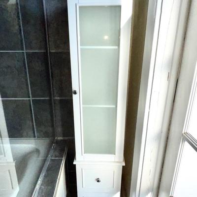 Lot 201 Narrow White Bathroom Cabinet 3 Shelves Glass Door Bottom Storage