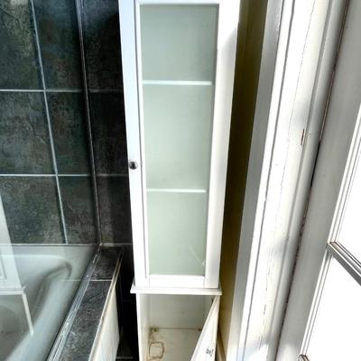 Lot 201 Narrow White Bathroom Cabinet 3 Shelves Glass Door Bottom Storage